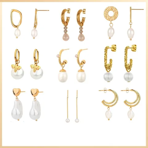 Boucles d'Oreilles Pendantes en Acier Inoxydable Plqué Or 18K avec Perle Artificielle et Strass pour Femmes Style ins Géométrique Élégant