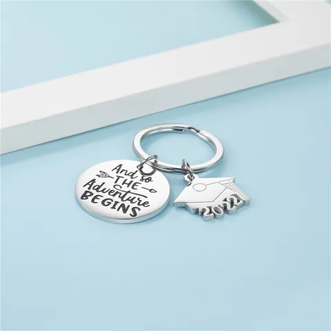 Graduation Gift Adventure Begins Stainless Steel Keychain Class Of 2022 Doctoral Cap Pendant Metal Inspirational Keychain For Students Unisex