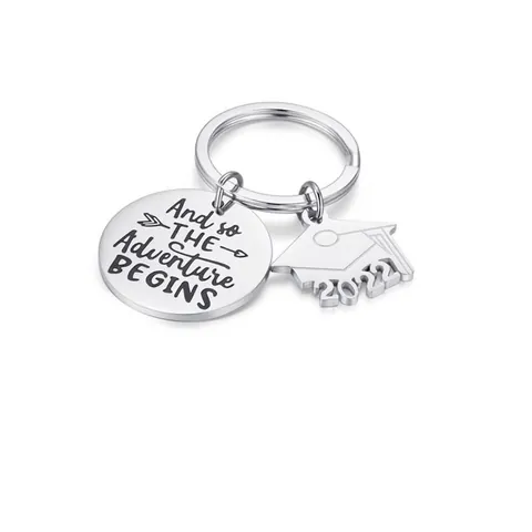 Graduation Gift Adventure Begins Stainless Steel Keychain Class Of 2022 Doctoral Cap Pendant Metal Inspirational Keychain For Students Unisex