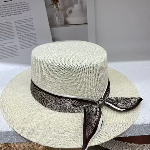 Chapeau de Paille Vintage Femmes Été Plage Soleil Avec Ruban Paisley Nœud Tissage Ajouré Calotte Plate Vacances Large Bord