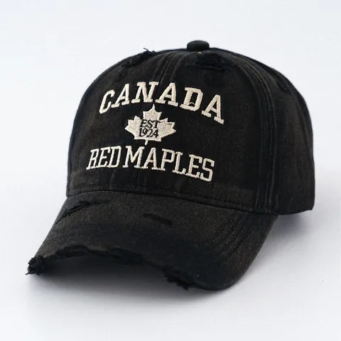 Vintage Washed Distressed Denim Style Baseball Cap Canada Maple Leaf Embroidery Adjustable Streetwear Hip Hop Sun Hat For Men Women