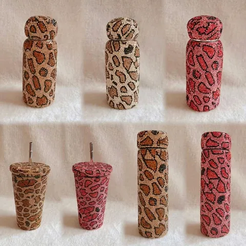 Luxus Leopardenmuster Strass 304 Edelstahl Isolierflasche Isolierte Wasserflasche Für Damen Tragbare Reise Becher Geschenk