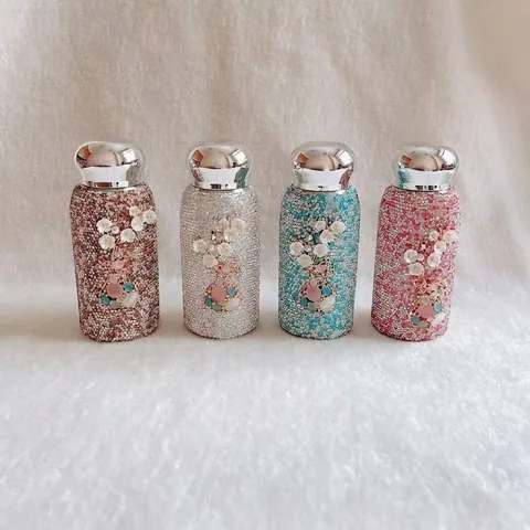 304 Edelstahl Sternen Strass Vakuum Isoliert Flasche Mit Blume Dekor Glänzend Tragbare Wasser Becher Für Damen Geschenk