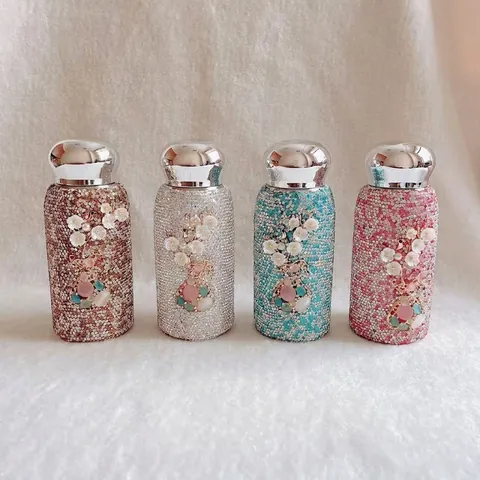 304 Edelstahl Sternen Strass Vakuum Isoliert Flasche Mit Blume Dekor Glänzend Tragbare Wasser Becher Für Damen Geschenk