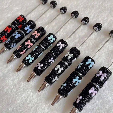 Creative Black Rhinestone Ballpoint Pen With Colorful Clay Bow Sparkly Crystal Writing Pen For Office School Gift Women