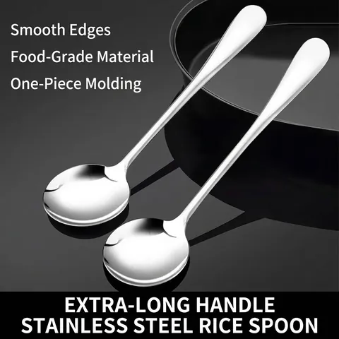 Stainless Steel Long Handle Round Soup Spoon Mirror Polished Integrated Molding Thickened Tableware Spoon For Home Kitchen Dining
