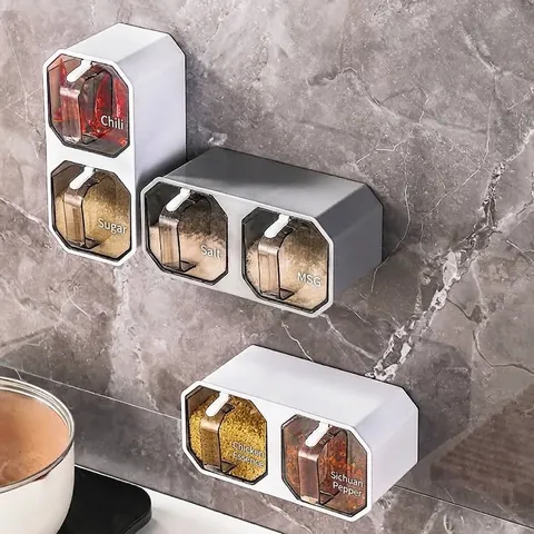 Wall Mounted Spice Box Organizer Plastic Seasoning Jars With Spoon Transparent Lid Kitchen Storage Punch Free Grid Design