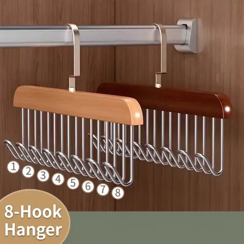 Multi-functional Wooden Camisole Hanger With 8 Stainless Steel Wavy Hooks Rotating Wardrobe Storage For Bras Vests Belts Ties