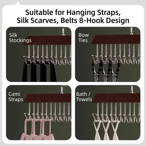 Multi-functional Wooden Camisole Hanger With 8 Stainless Steel Wavy Hooks Rotating Wardrobe Storage For Bras Vests Belts Ties
