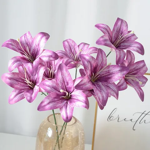 Realistic Three-Head Artificial Lily Flowers 3D Printed Soft Plastic Film Fake Lilies For Wedding Home Table Decor Photography Prop