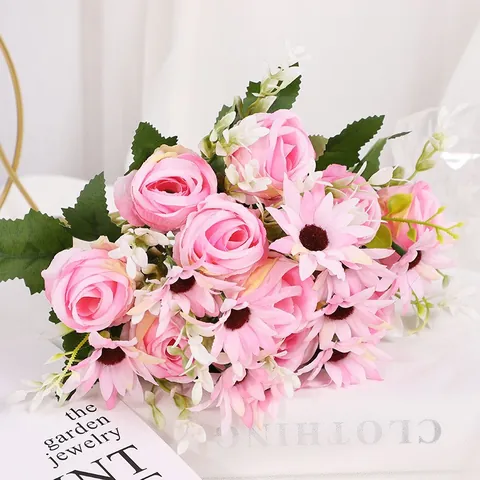 Künstlicher Rosen Gänseblümchen Strauß Seidenartiger Stoff Kunststoff Florale Dekoration Für Wohnzimmer Hochzeit Heimdekor