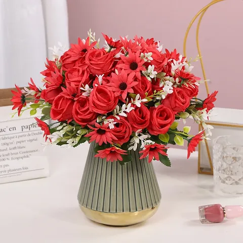 Künstlicher Rosen Gänseblümchen Strauß Seidenartiger Stoff Kunststoff Florale Dekoration Für Wohnzimmer Hochzeit Heimdekor