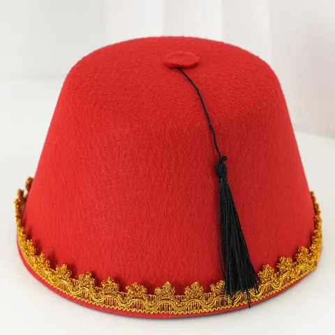 Sombrero Fez Turco Tradicional de Fieltro Étnico Con Borla Negra Tejido Corona de Oro Retro Exótico Sombrero de Fiesta Para Hombre Mujer