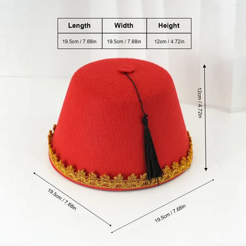 Sombrero Fez Turco Tradicional de Fieltro Étnico Con Borla Negra Tejido Corona de Oro Retro Exótico Sombrero de Fiesta Para Hombre Mujer