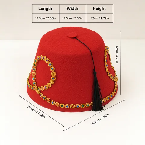 Ethnic Turkish Fez Hat Red Felt Cap Gold Tassel Multi-Colored Rhinestones Exotic Performance Costume Hat For Party Halloween Women Men