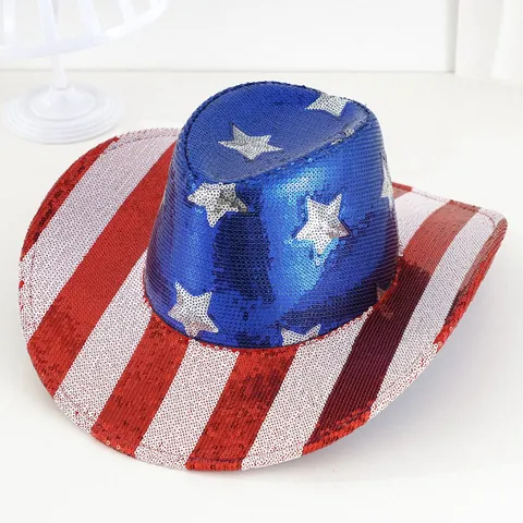 Unisex American Flag Sequined Cowboy Hat Stars And Stripes Red White Blue Sparkling Performance Party Festival Western Hat