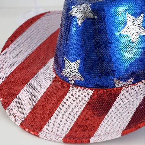 Unisex American Flag Sequined Cowboy Hat Stars And Stripes Red White Blue Sparkling Performance Party Festival Western Hat
