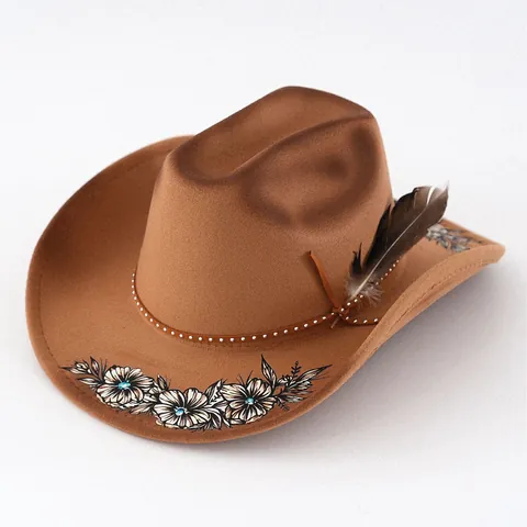 Damen Western Cowboyhut Breite Krempe Filz Fedora Blumenmuster Feder Nietendekoration Ethnisch Böhmisch Party Hut