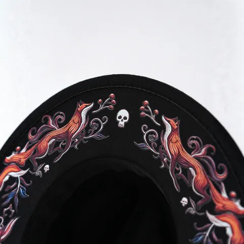 Gothic Fuchs Totenkopf Druck Breite Krempe Fedora Hut Vintage Dunkel Stil Filz Sonnenhut Für Damen Herren Halloween Kostüm Zubehör