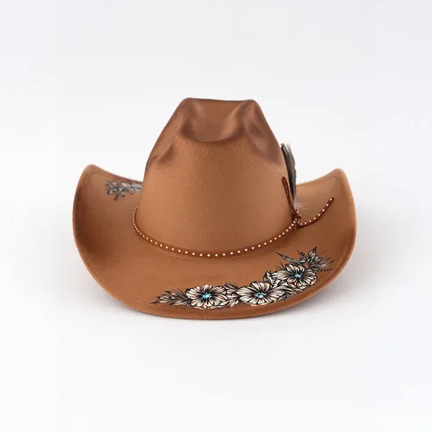 Damen Western Cowboyhut Breite Krempe Filz Fedora Blumenmuster Feder Nietendekoration Ethnisch Böhmisch Party Hut