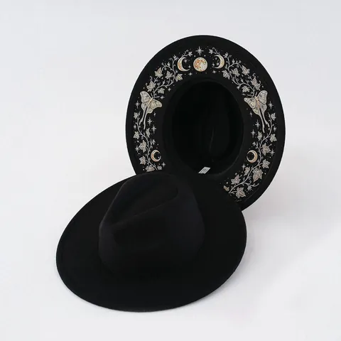 Gothic Retro Polyester Fedora Hut Mit Breiter Krempe Digitaldruck Schlange Mond Schmetterling Muster Sonnenschutz Filzhut Unisex