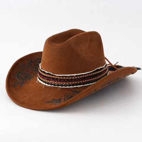 Cappello da Cowboy Scamosciato con Tesa Larga e Ricamo di Rose Stile Fedora Vintage per Uomo e Donna con Fascia Decorativa