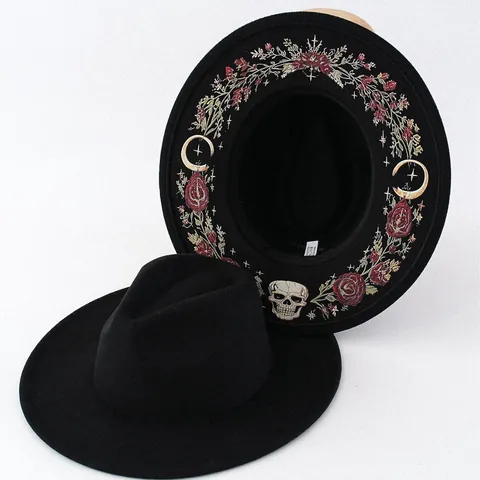 Vintage Gothic Hut Mit Breiter Krempe Fedora Damen Falscher Stickdruck Fuchs Schmetterling Mond Dunkler Stil Halloween Sonnenhut Polyester