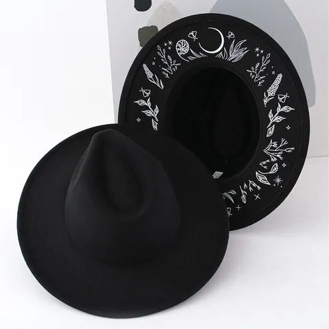 Vintage Gothic Hut Mit Breiter Krempe Fedora Damen Falscher Stickdruck Fuchs Schmetterling Mond Dunkler Stil Halloween Sonnenhut Polyester