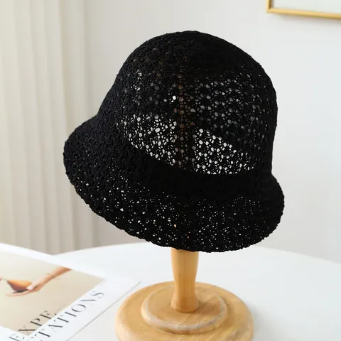Women Handmade Paper Straw Bucket Hat Hollow Out Breathable Sun Protection Beach Sun Hat Foldable Wide Brim Fisherman Hat Summer