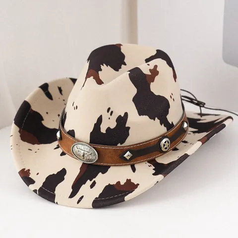 Cappello da Cowboy Western in Poliestere Scamosciato per Uomo Donna Stampa Muccata Leopardata Falda Arrotolata Fedora Etnico da Sole