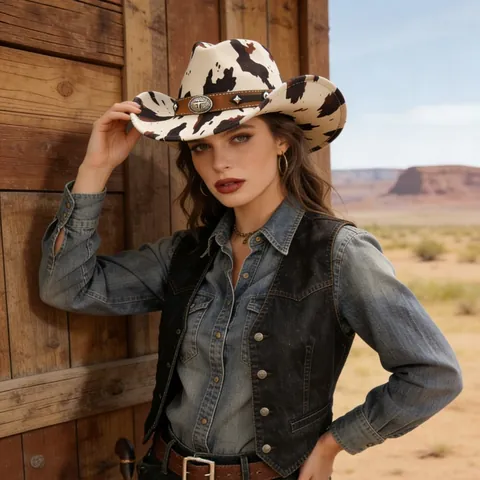 Cappello da Cowboy Western in Poliestere Scamosciato per Uomo Donna Stampa Muccata Leopardata Falda Arrotolata Fedora Etnico da Sole