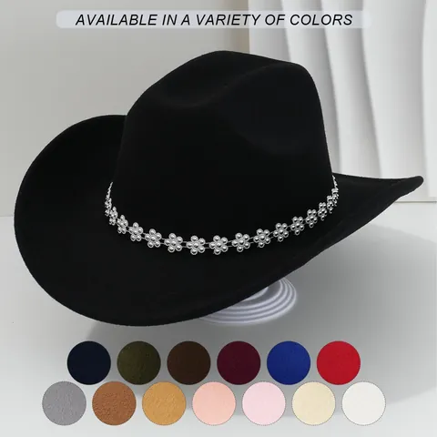 Lussuoso Cappello Fedora Western Cowboy per Donna Uomo Poliestere Tesa Larga Curva Decorazione Fiore Strass Matrimonio Festa Jazz