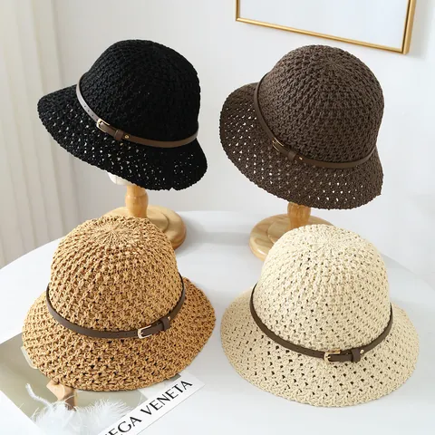 Women's Hollow-out Crochet Paper Straw Sun Hat Fashion Wavy Edge Wide Brim Bucket Hat With Belt Decoration For Outdoor Travel Beach