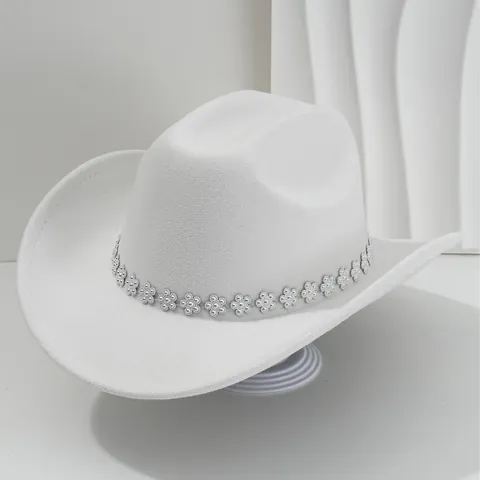 Lussuoso Cappello Fedora Western Cowboy per Donna Uomo Poliestere Tesa Larga Curva Decorazione Fiore Strass Matrimonio Festa Jazz