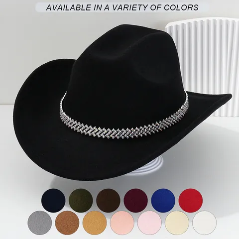 Boho Western Cowboyhut Für Damen Breite Krempe Filz Fedora Mit Strass Z-Kettenband Eleganter Reise Party Ball Sonnenhut