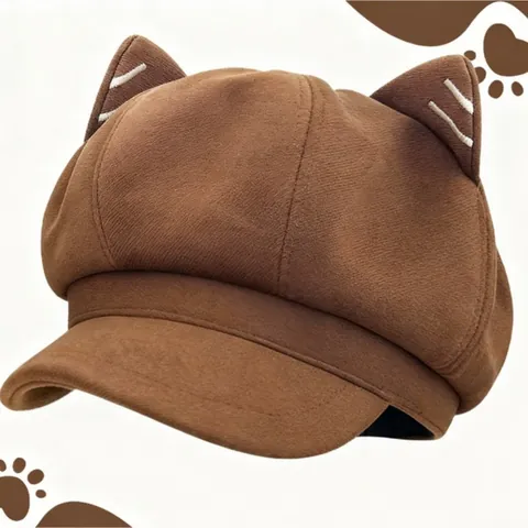 Coppola Giapponese con Orecchie da Gatto per Donna Berretto Ottagonale in Lana alla Moda Caldo Cappello Invernale Autunnale