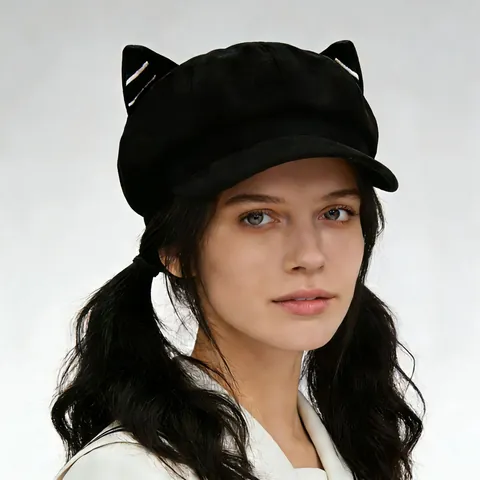 Coppola Giapponese con Orecchie da Gatto per Donna Berretto Ottagonale in Lana alla Moda Caldo Cappello Invernale Autunnale