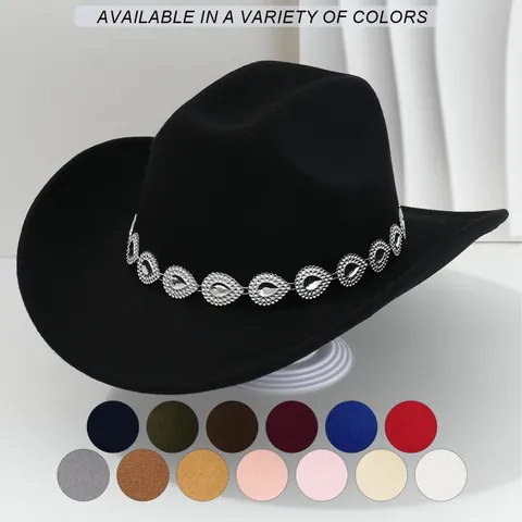 Western Cowboy Fedora Hat For Women Men Wide Brim Polyester Hat With Teardrop Rhinestone Tassel Band Music Festival Party Cap