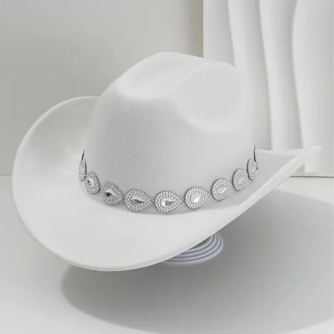 Western Cowboy Fedora Hat For Women Men Wide Brim Polyester Hat With Teardrop Rhinestone Tassel Band Music Festival Party Cap