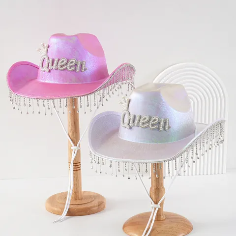Damen Holografischer Cowboyhut Mit Perle Queen Buchstabe Strass Quasten Eleganter Western Braut Party Zubehör Cowboyhut