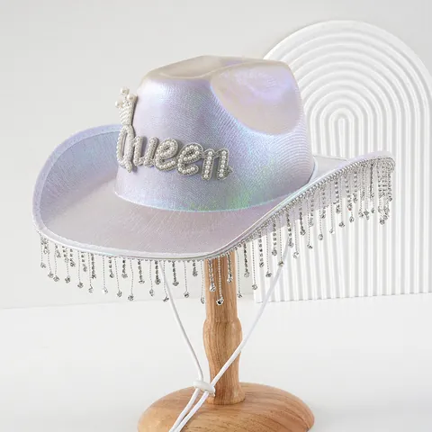 Damen Holografischer Cowboyhut Mit Perle Queen Buchstabe Strass Quasten Eleganter Western Braut Party Zubehör Cowboyhut