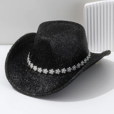 Sombrero de Vaquero Occidental para Mujer Brillo Ala Ancha Banda de Flores de Strass Fedora para Festival de Música