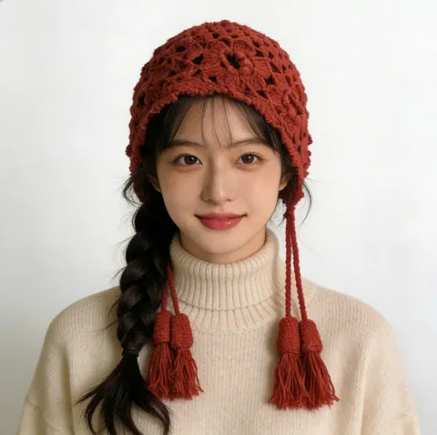 Gorro de Punto de Ganchillo Calado Rojo para Mujer Cálido de Invierno Con Borla Estilo Dulce Japonés de Lana