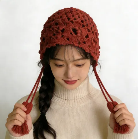 Gorro de Punto de Ganchillo Calado Rojo para Mujer Cálido de Invierno Con Borla Estilo Dulce Japonés de Lana