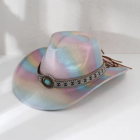 Vintage Western Cowboy Hat For Women Men Turquoise Ethnic Ribbon Wide Brim Glitter Polyester Fedora Hat For Party Daily