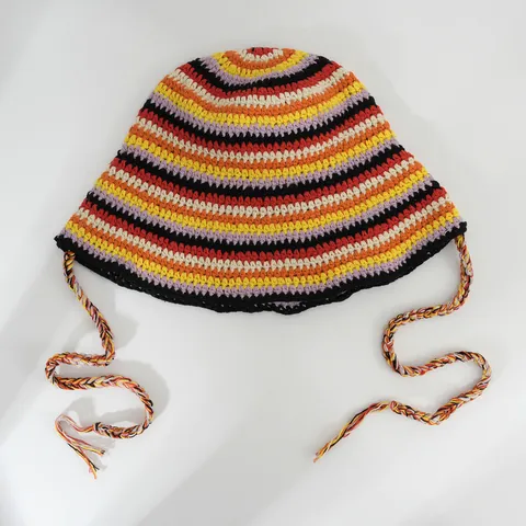 Unisex Colorful Striped Knit Bucket Hat with Tassel Drawstring Crochet Boho Style Fisherman Hat for Travel Women Men