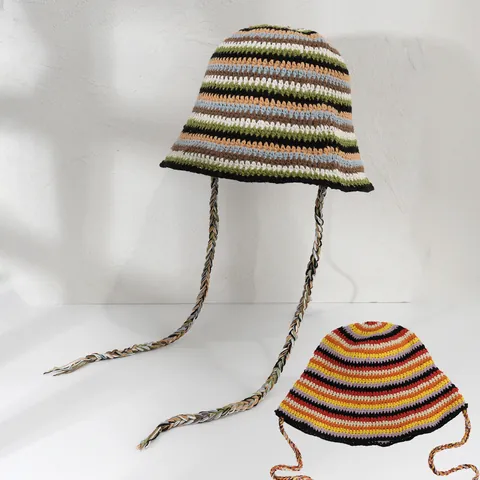Unisex Colorful Striped Knit Bucket Hat with Tassel Drawstring Crochet Boho Style Fisherman Hat for Travel Women Men