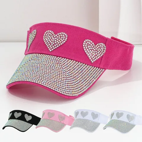 Visera de Playa para Mujer Corazón de Strass Poliéster Protección Solar Corazón Estrellado Vacaciones Playa Ajustable Sombrero de Sol