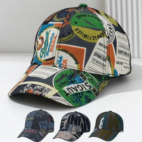 Heren Retro Bedrukte Honkbalpet Polyester Letterpuzzelpatroon Hip Hop Streetstyle Gebogen Rand Zonnehoed Voor Buiten Dagelijks