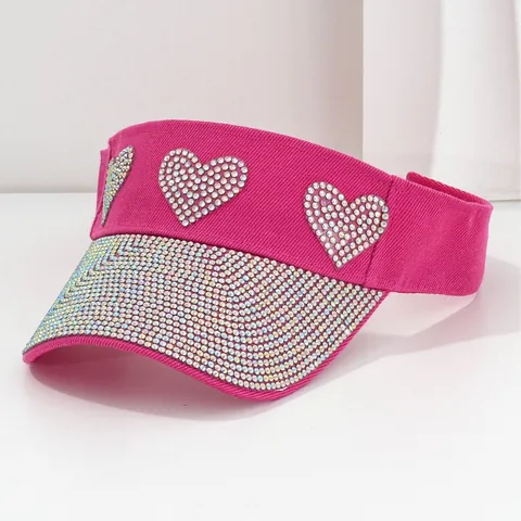 Visera de Playa para Mujer Corazón de Strass Poliéster Protección Solar Corazón Estrellado Vacaciones Playa Ajustable Sombrero de Sol